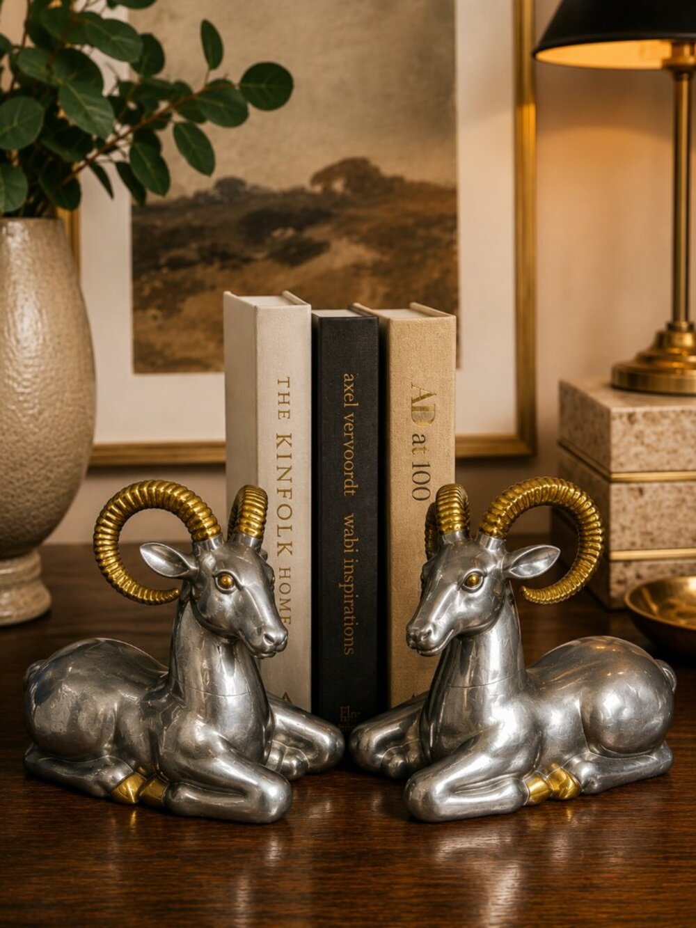 VTG Anthony Redmile Ram Bookends Brass & Pewter Sculpture Hong Kong 1930's 1970s
